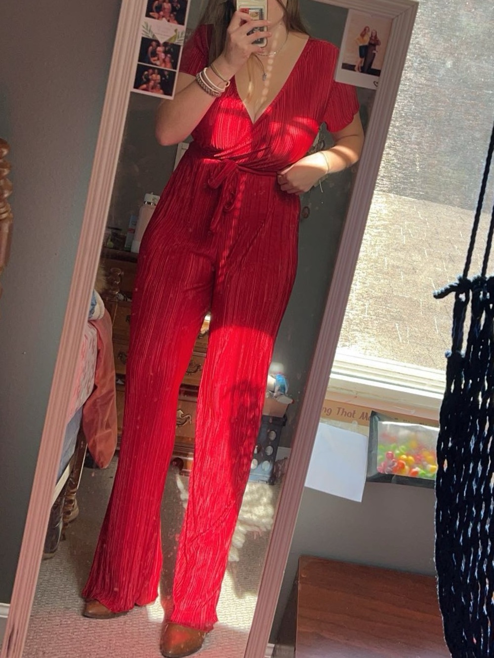 Red V-Neck Tie-Waist Jumpsuit